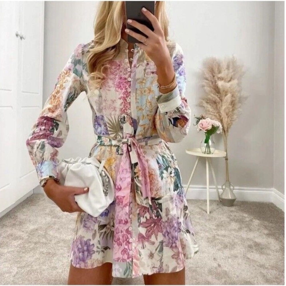Zara Patchwork Parrot Linen Button Down Dress